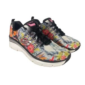 Skechers Women's Floral Sneakers - Black, White, Red, Yellow